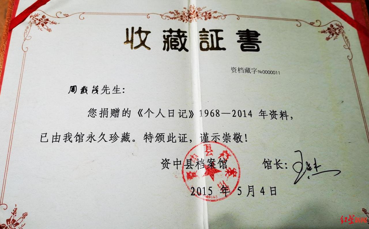 资中县档案馆收录周载茂日记的收藏证书